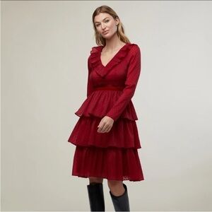 Rachel Parcell Burgundy Ruffled Tiered Midi Dress Long Sleeve V-Neck Size 4 NWT